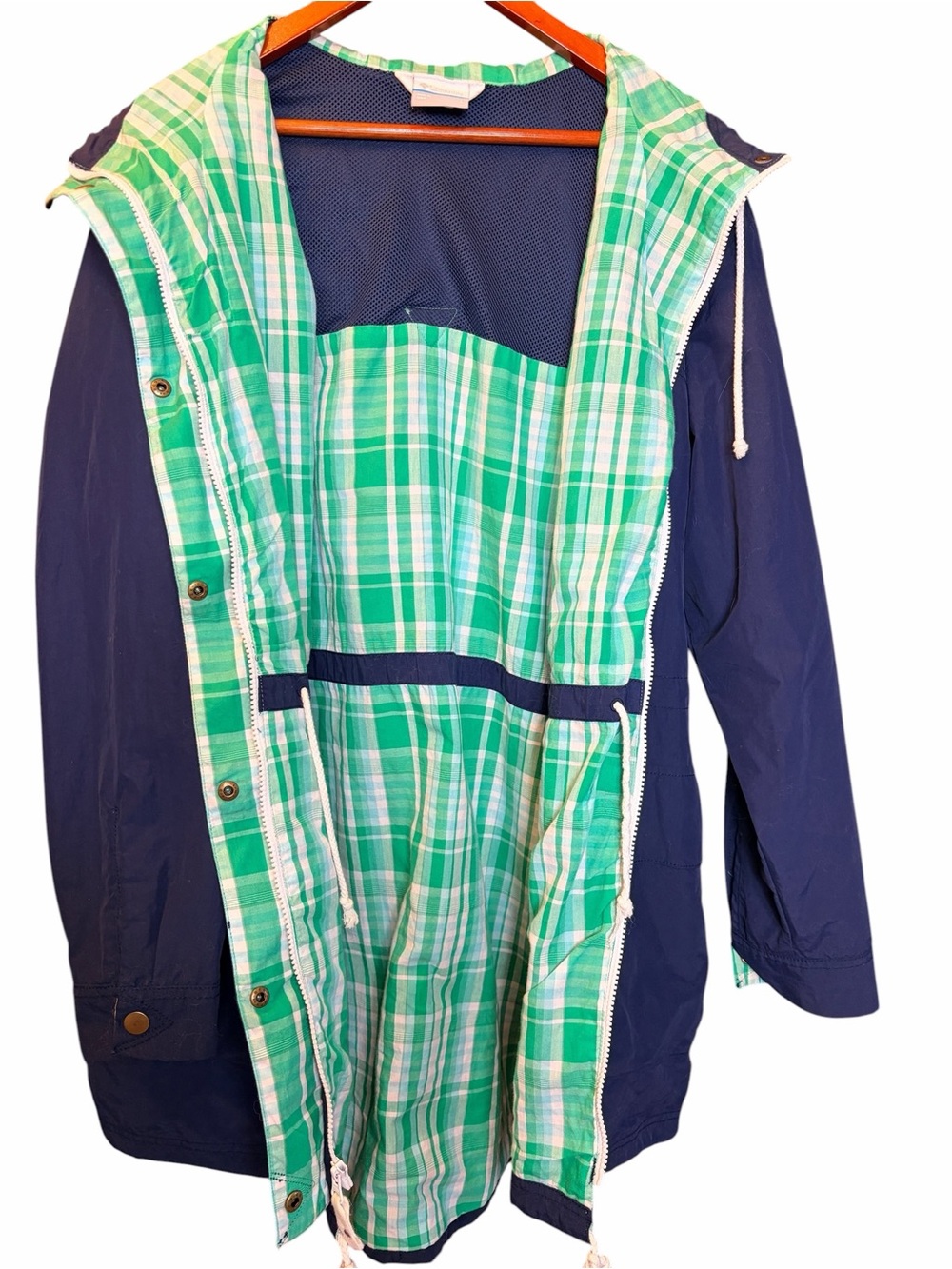 Navy Rain Coat Plaid Heritage Checks Gingham Cotton Lined Hood Pockets Columbia - Picture 4 of 14